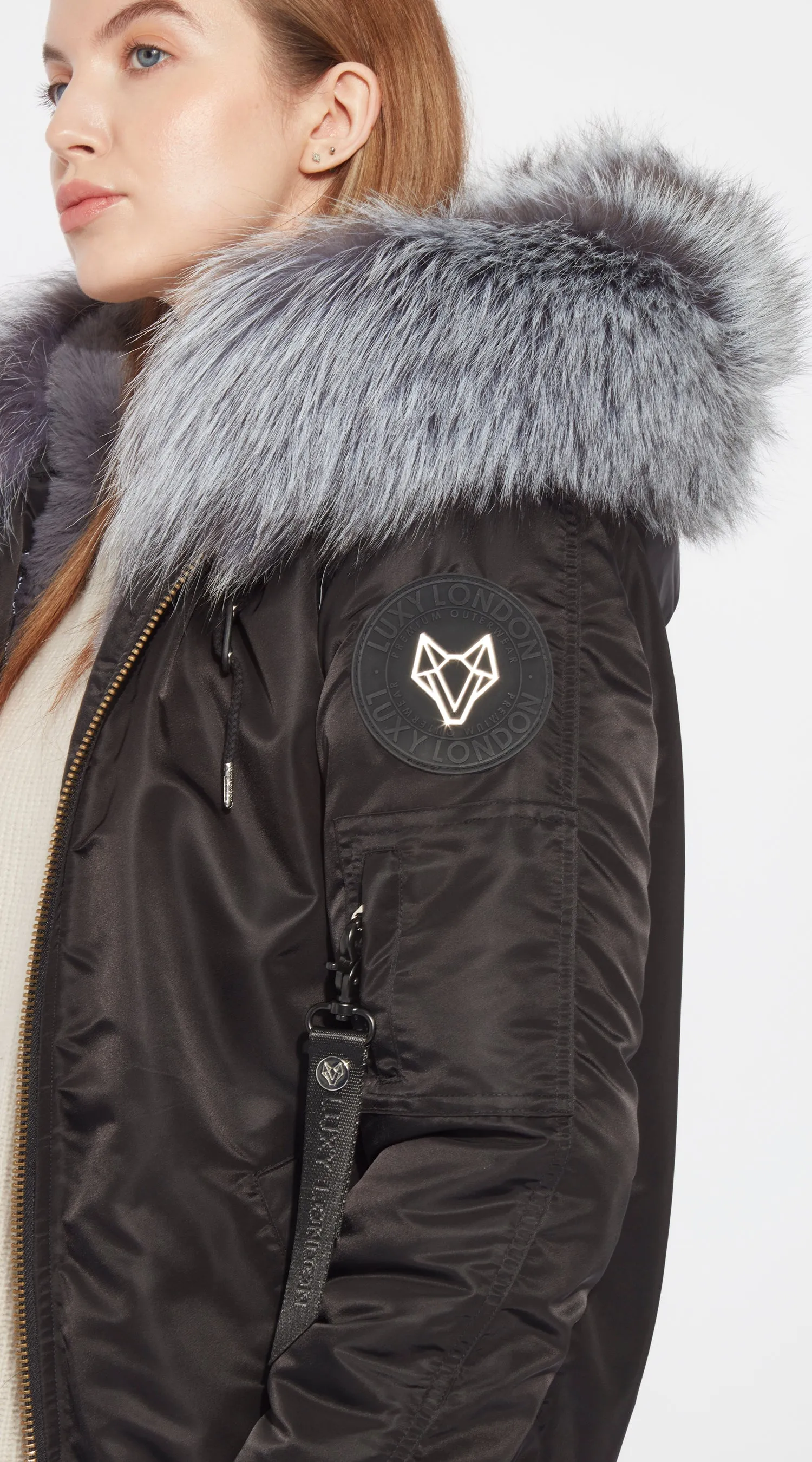 Womens Black Luxy Fur Bomber - Silver Fox