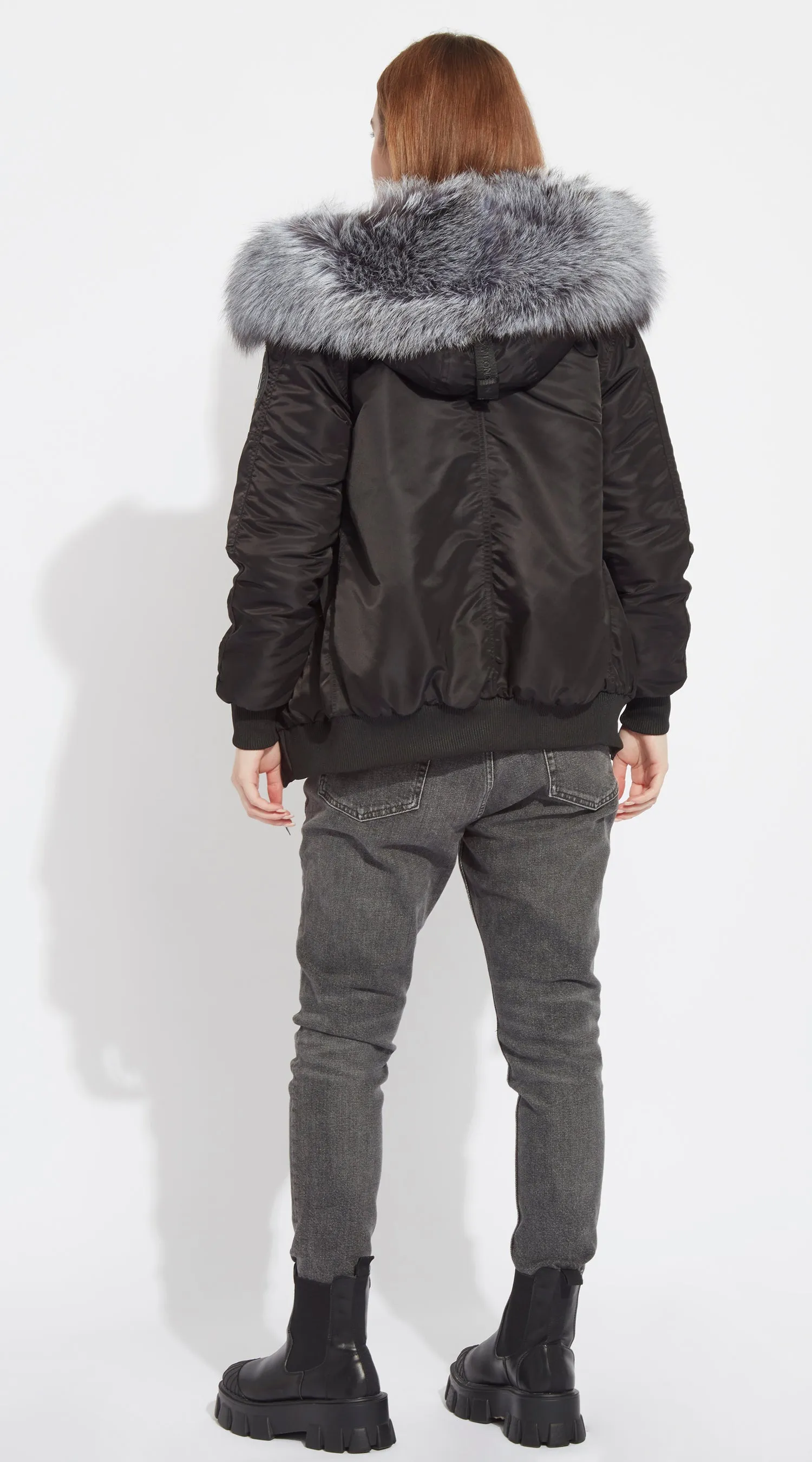 Womens Black Luxy Fur Bomber - Silver Fox