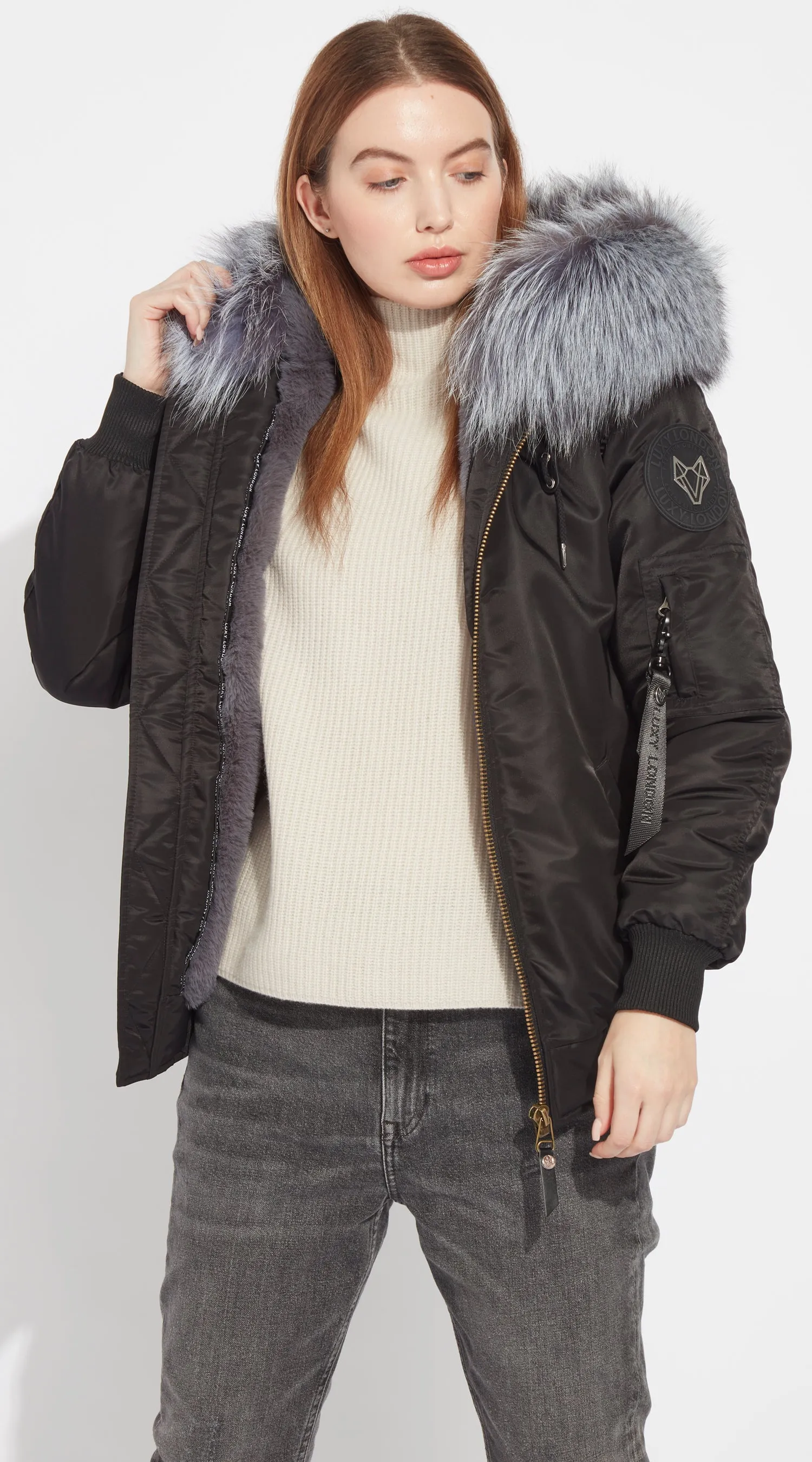 Womens Black Luxy Fur Bomber - Silver Fox