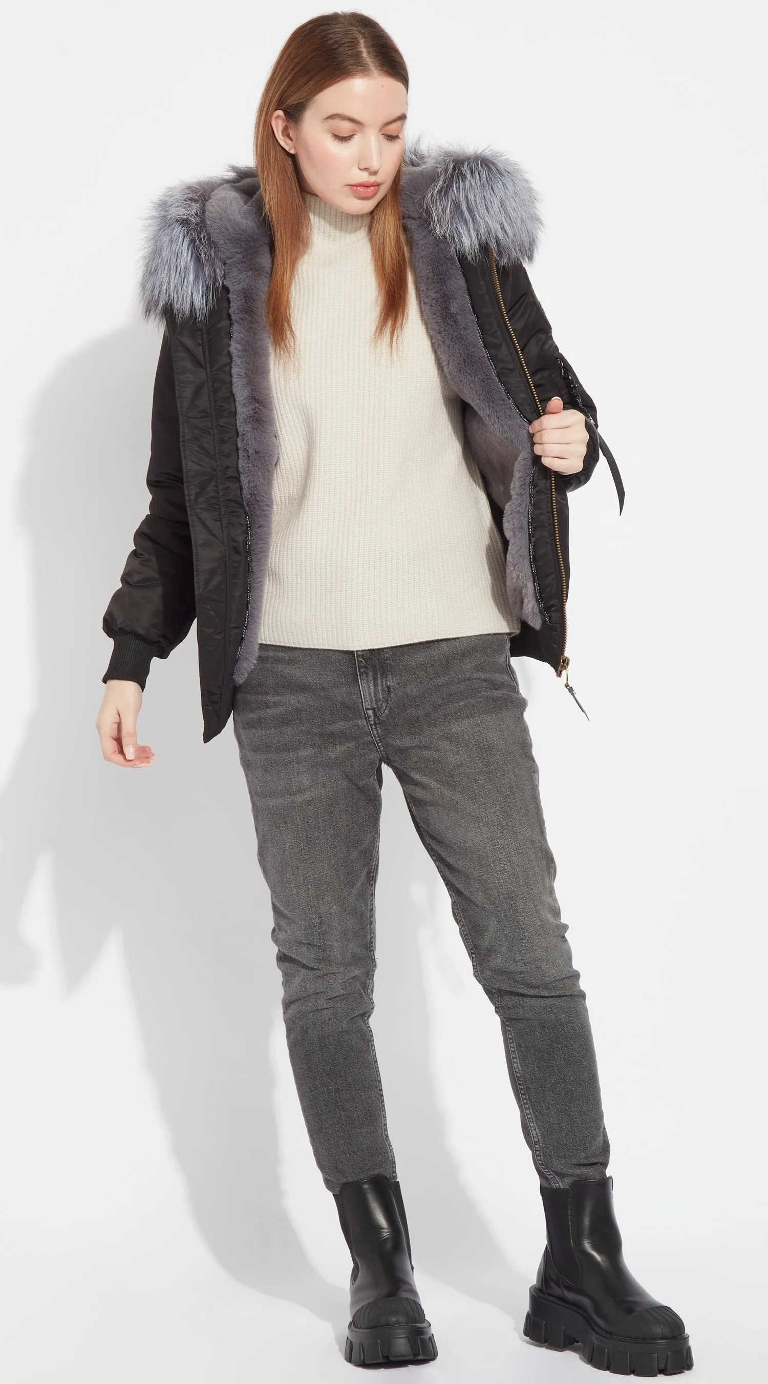 Womens Black Luxy Fur Bomber - Silver Fox