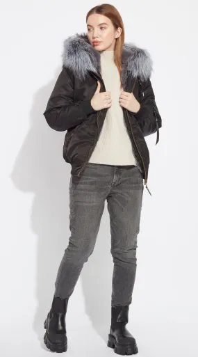 Womens Black Luxy Fur Bomber - Silver Fox