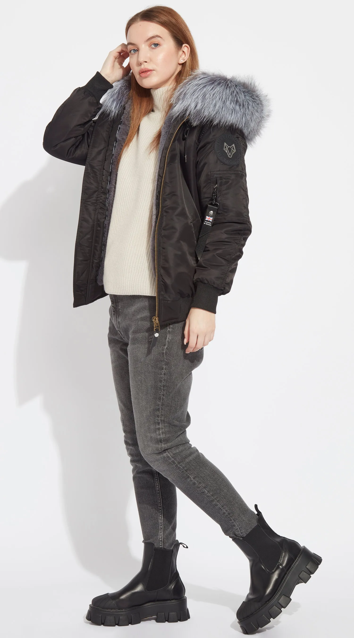 Womens Black Luxy Fur Bomber - Silver Fox