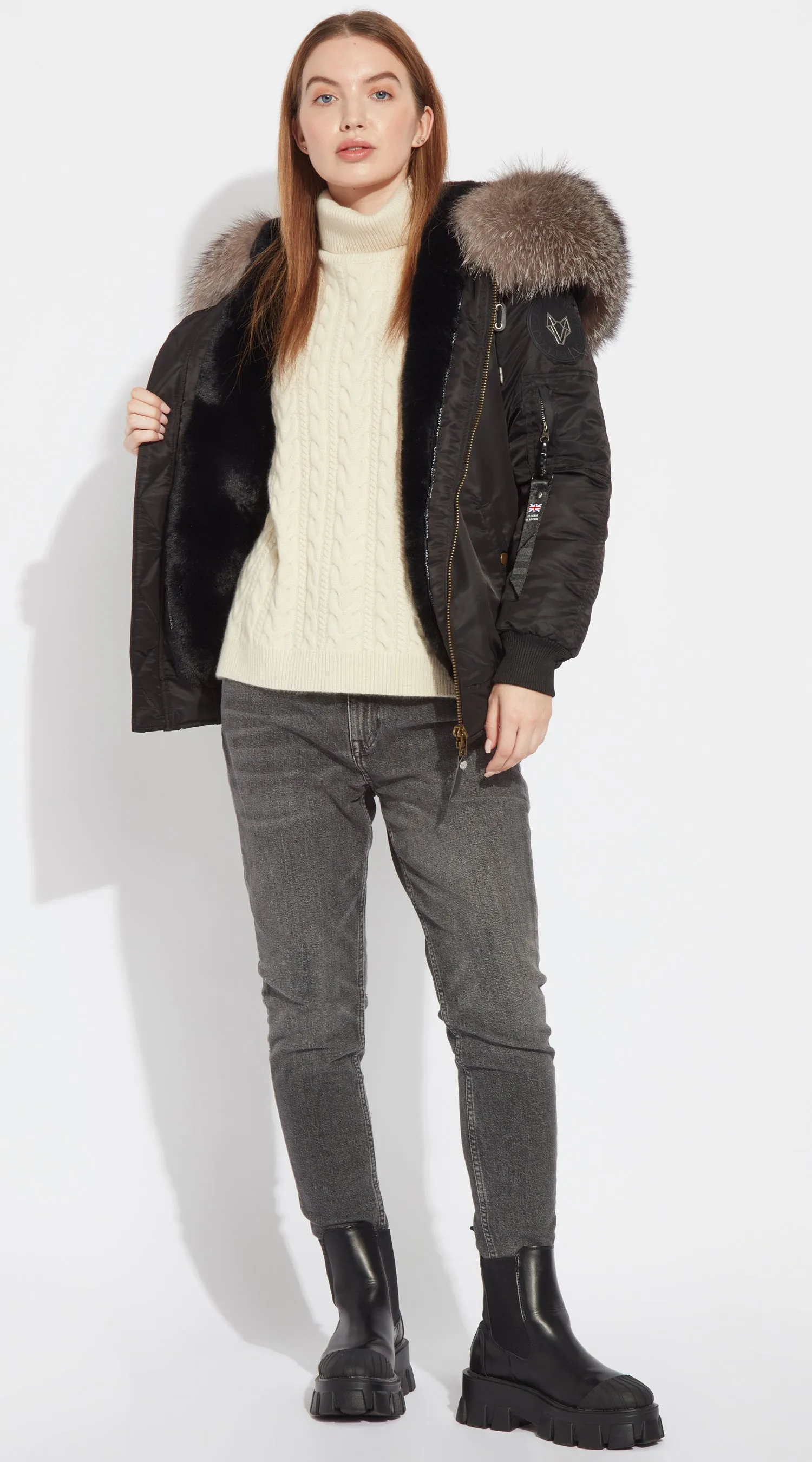 Womens Black Luxy Fur Bomber - Silver Frost Fox
