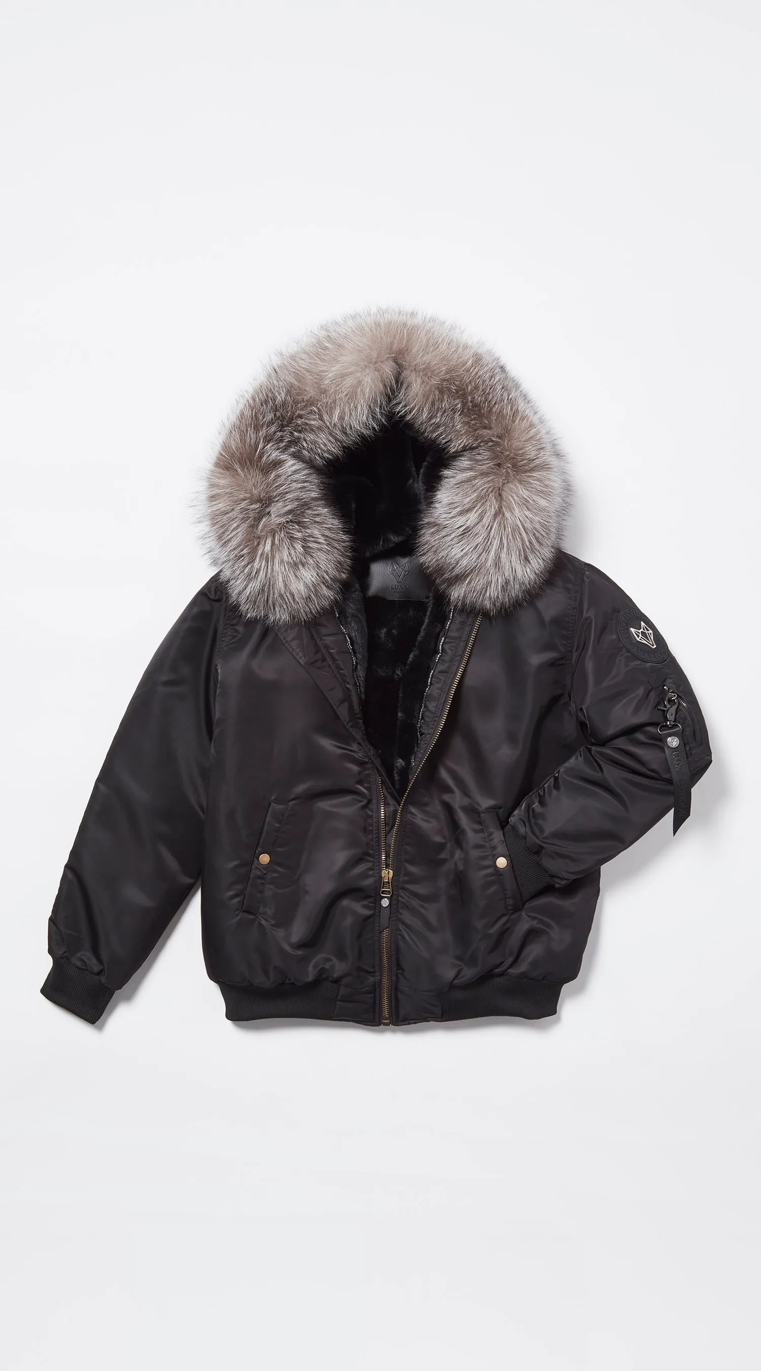 Womens Black Luxy Fur Bomber - Silver Frost Fox