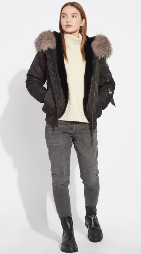 Womens Black Luxy Fur Bomber - Silver Frost Fox