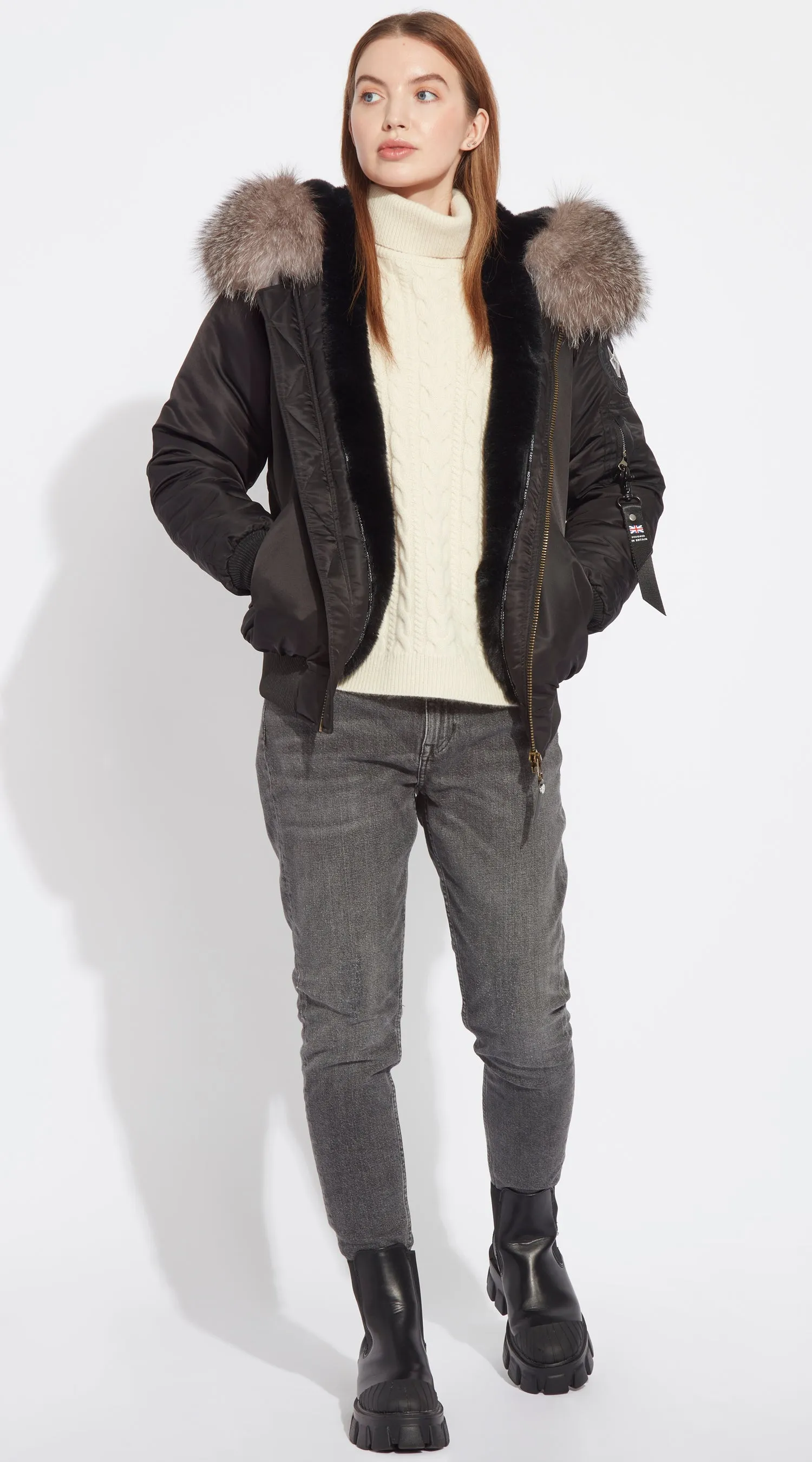 Womens Black Luxy Fur Bomber - Silver Frost Fox