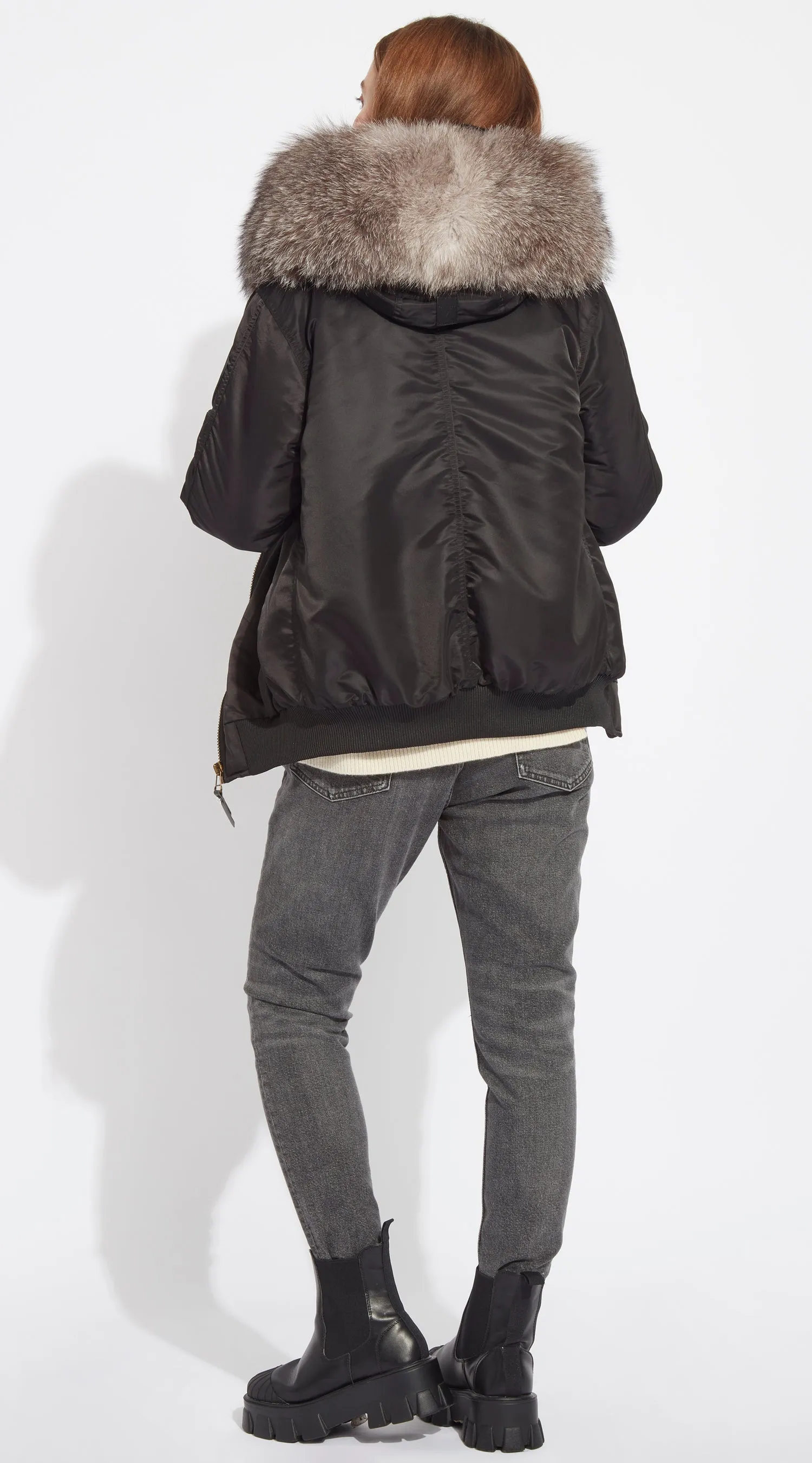 Womens Black Luxy Fur Bomber - Silver Frost Fox
