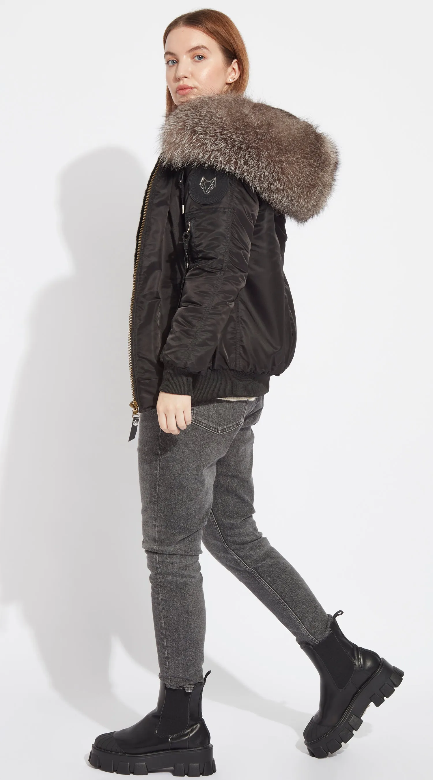 Womens Black Luxy Fur Bomber - Silver Frost Fox