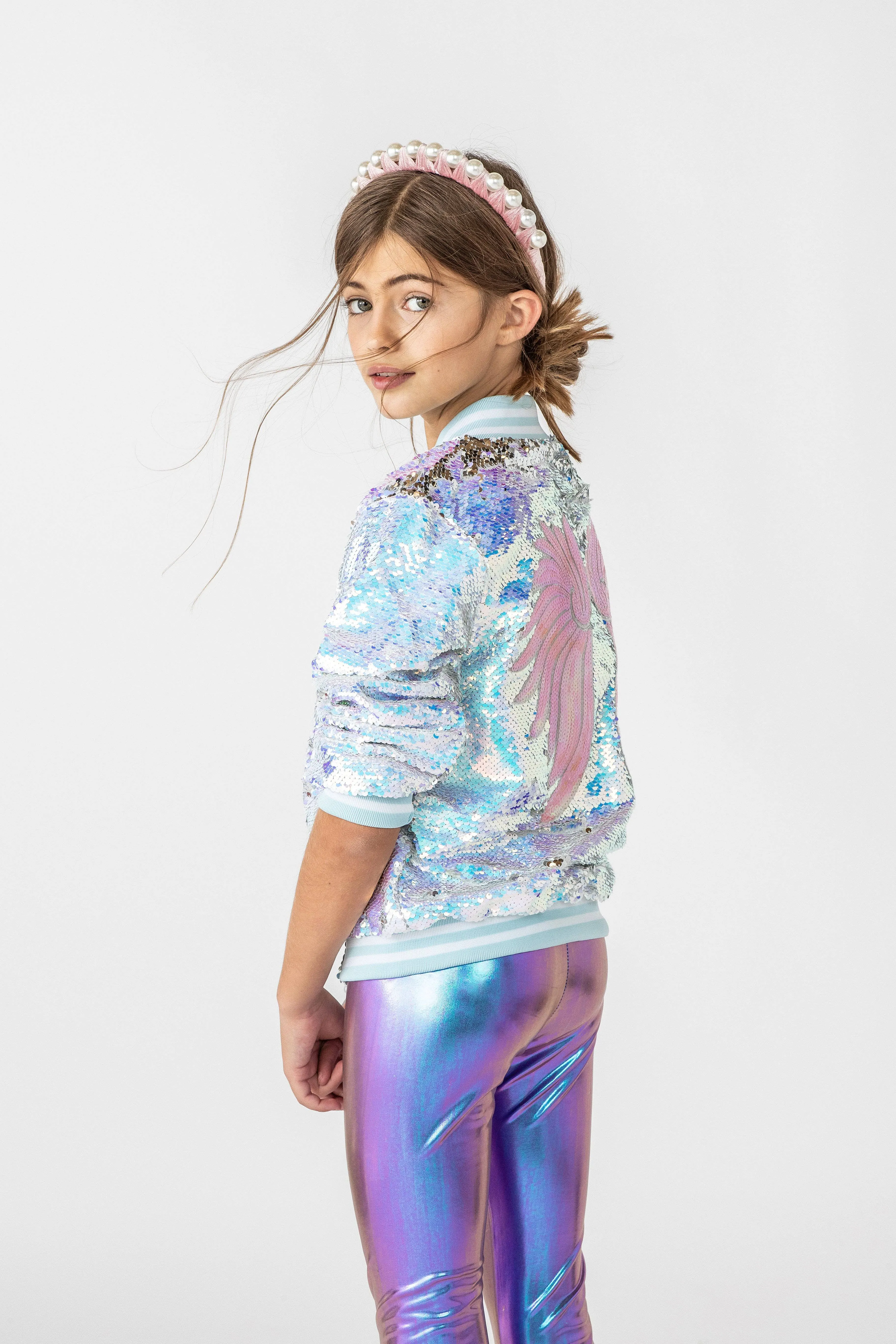 Women's Iridescent Angel Sequin Flip Bomber