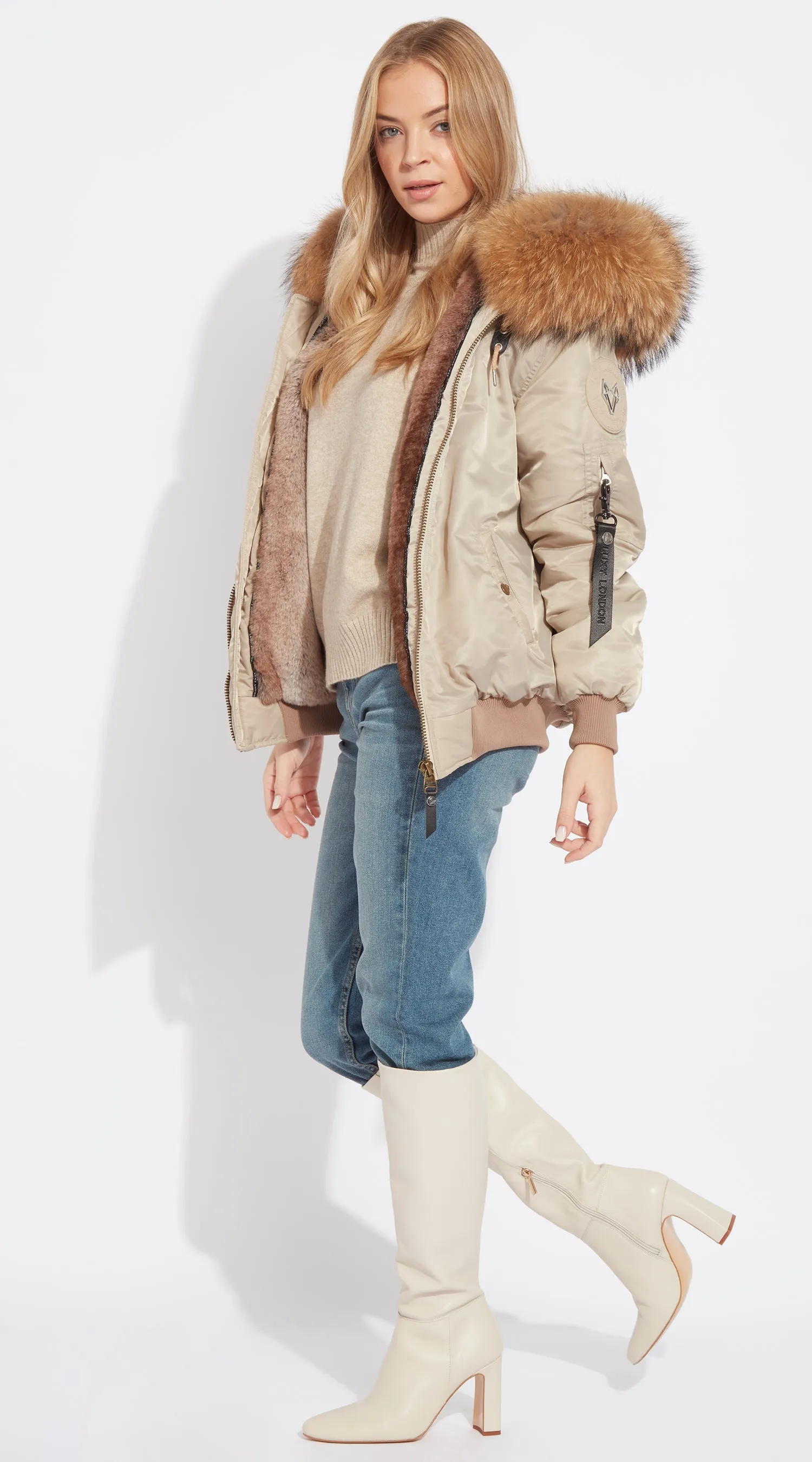 Womens Nude Luxy Fur Bomber - Natural