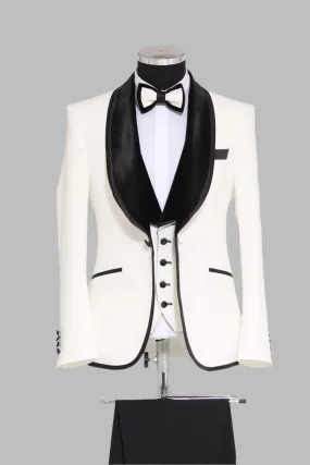 WSS Plain 3-Piece Black Velvet Shawl Lapel Elegant White Men Tuxedo with Bow Tie - Singen