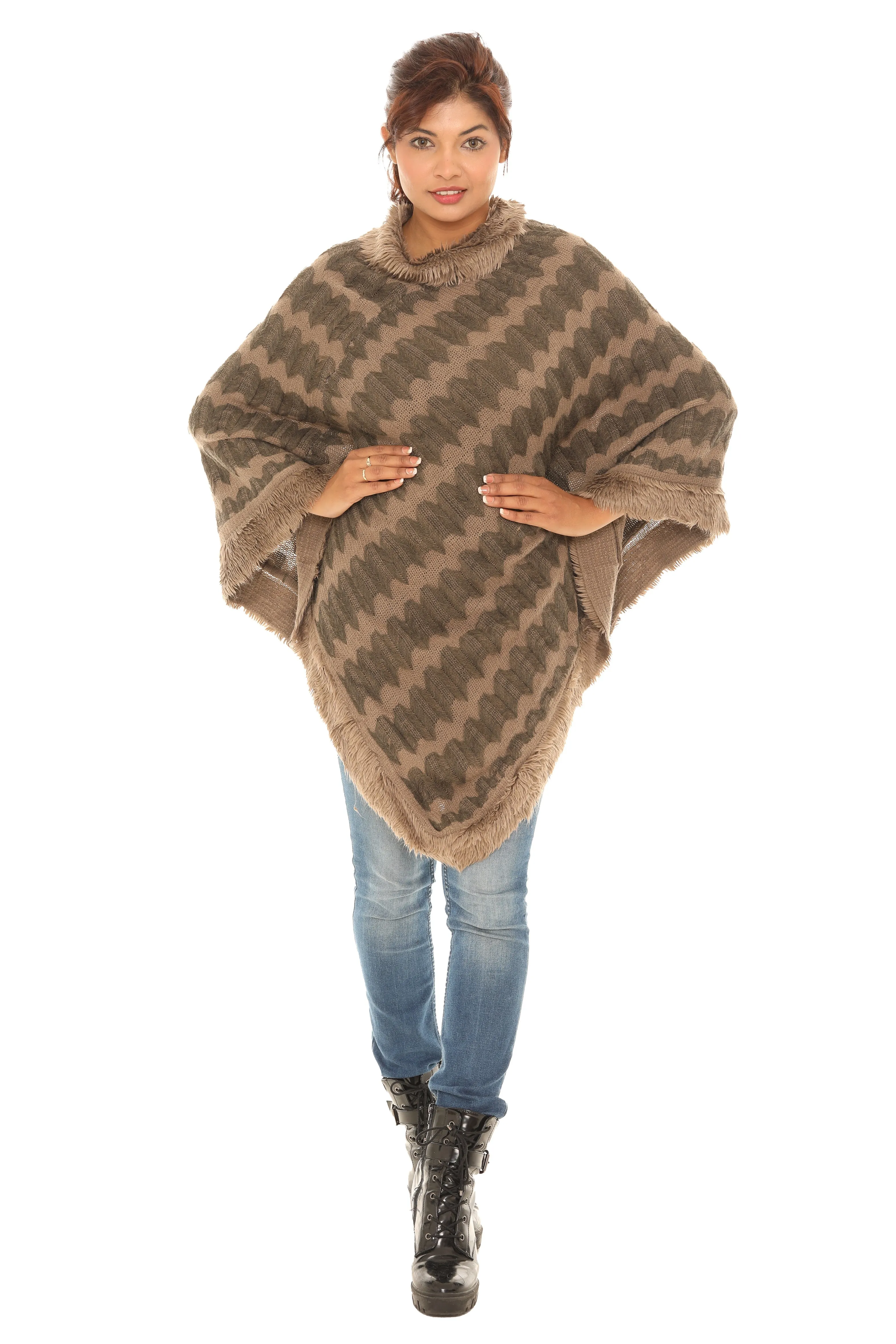 Zigzag Faux Fur-Trim Cowl Neck Poncho