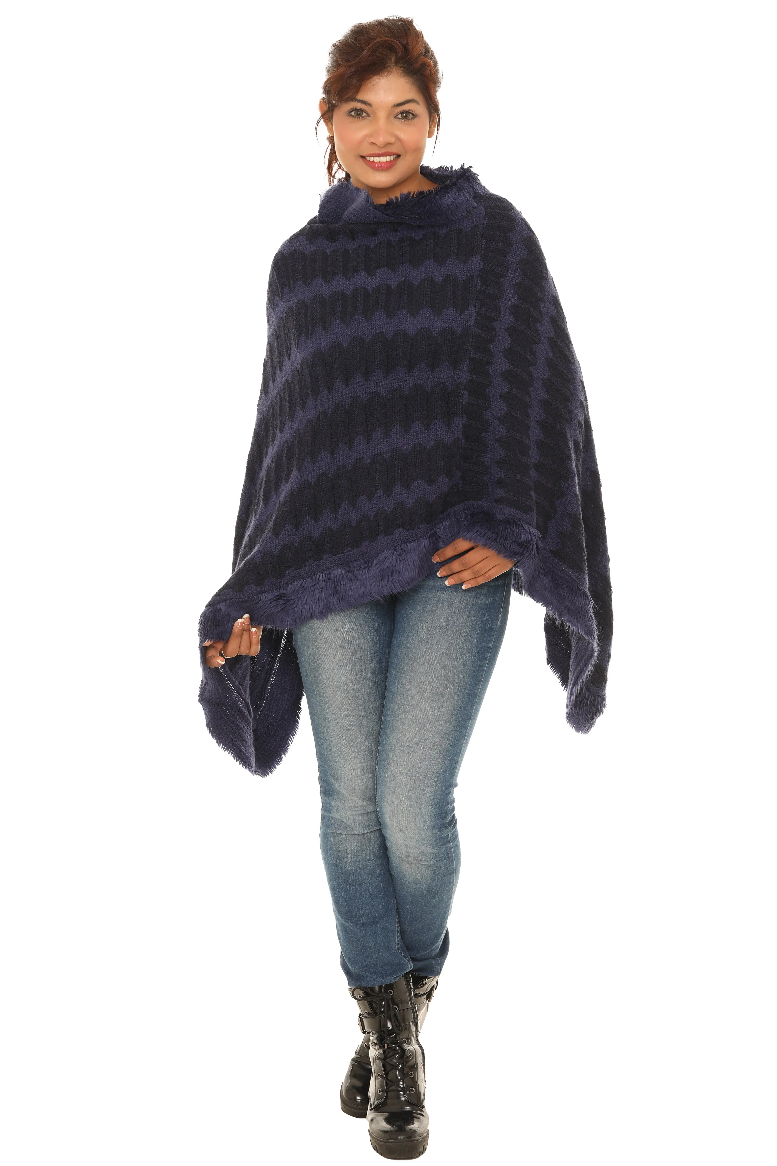Zigzag Faux Fur-Trim Cowl Neck Poncho