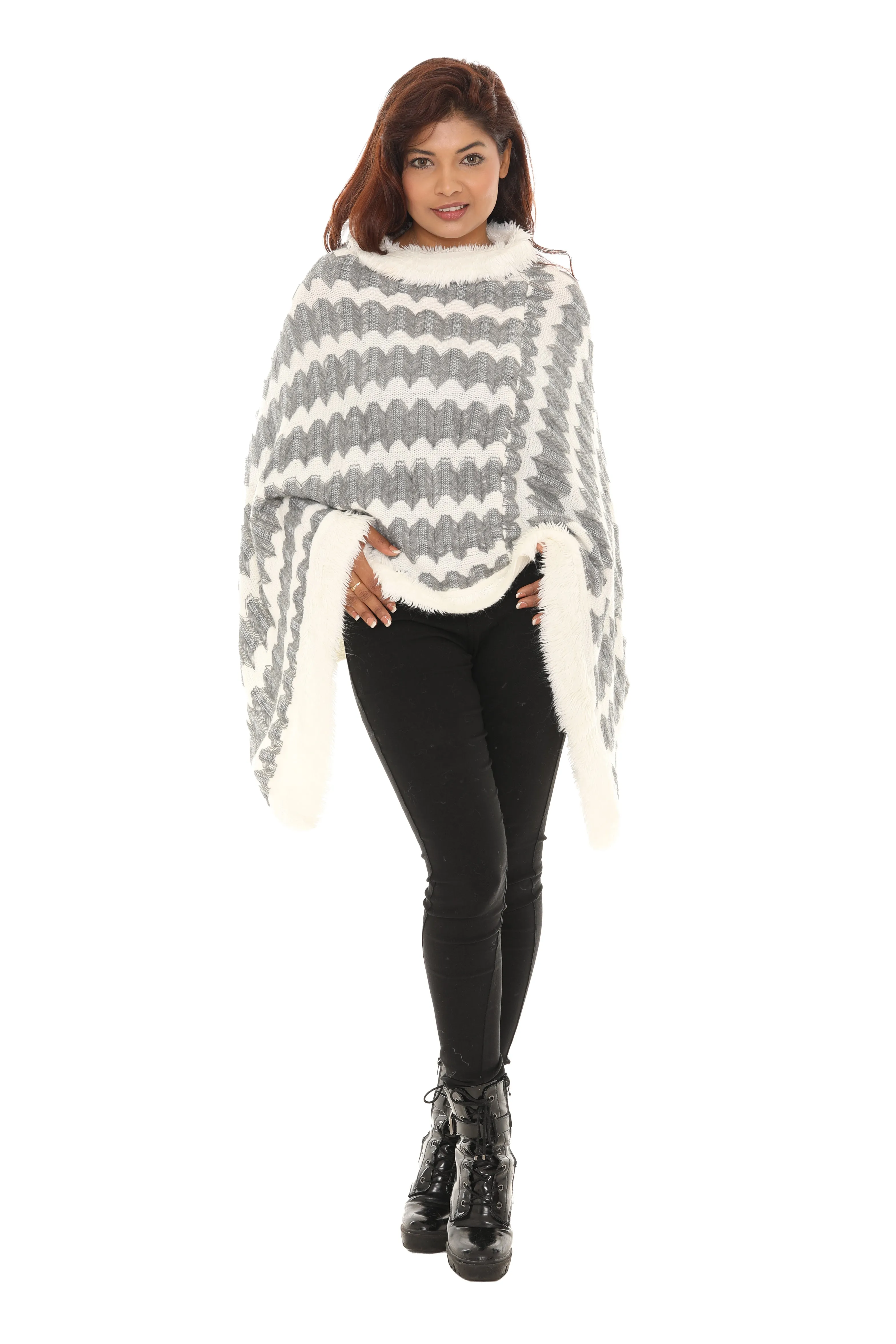 Zigzag Faux Fur-Trim Cowl Neck Poncho