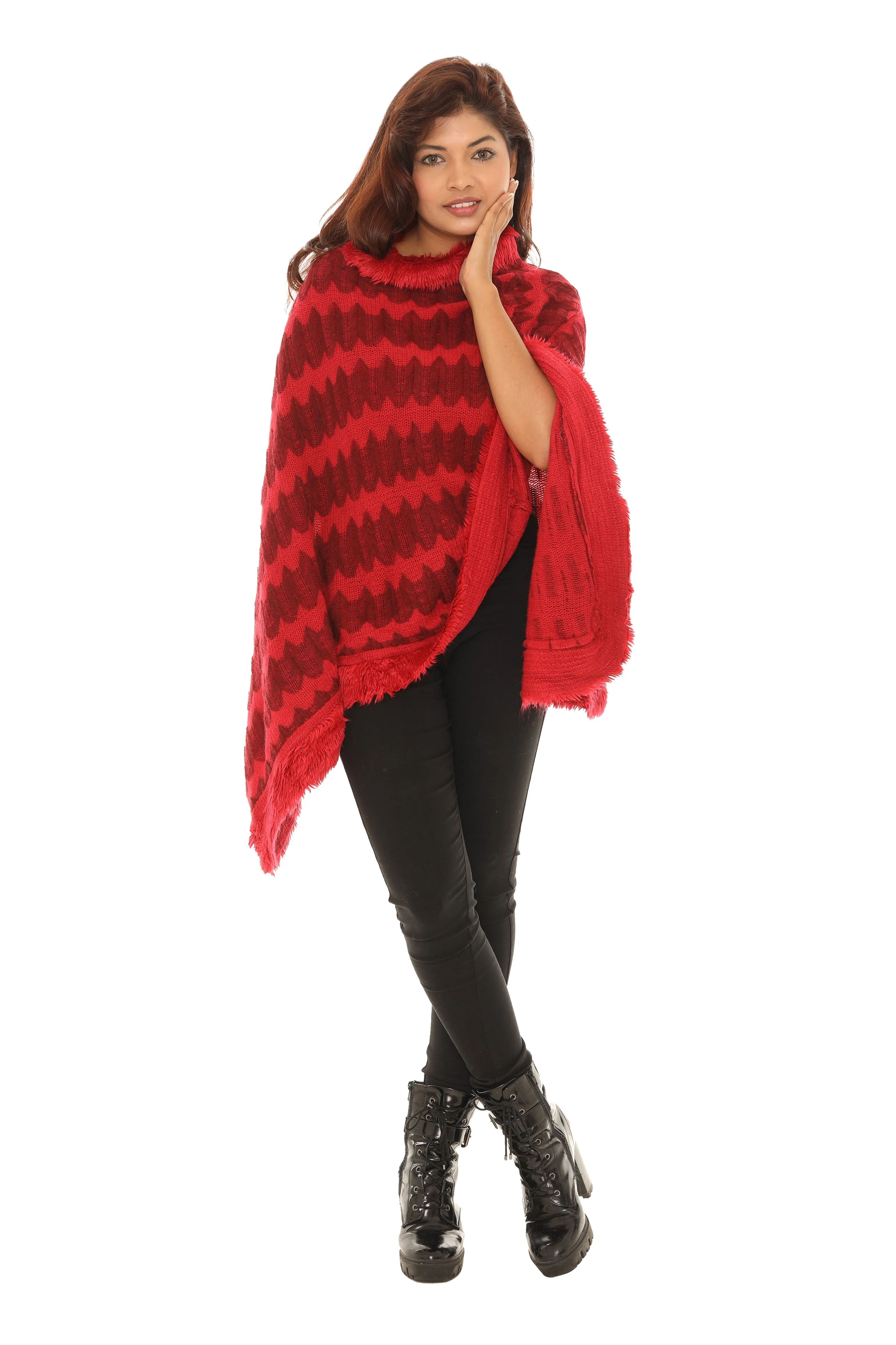 Zigzag Faux Fur-Trim Cowl Neck Poncho