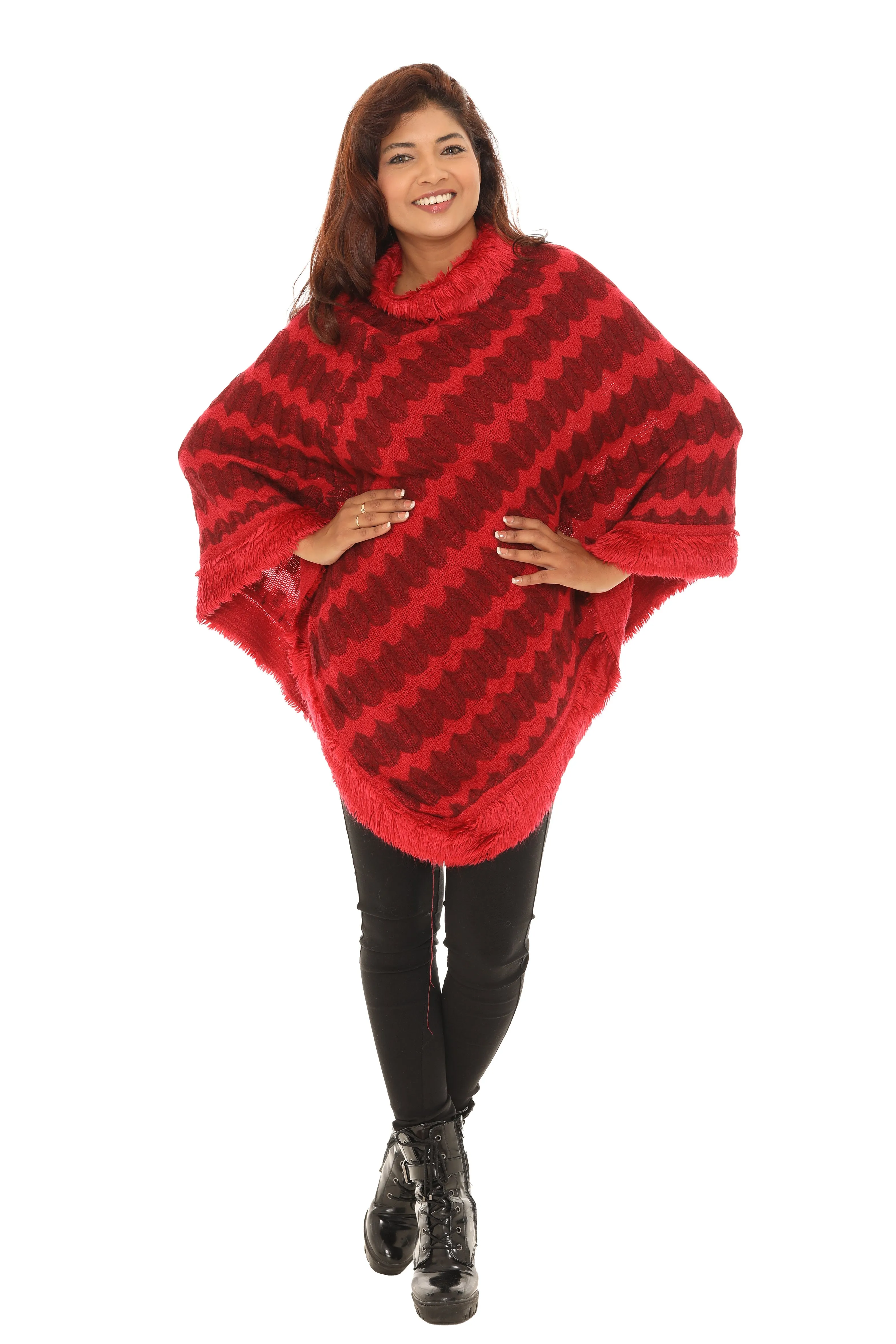 Zigzag Faux Fur-Trim Cowl Neck Poncho
