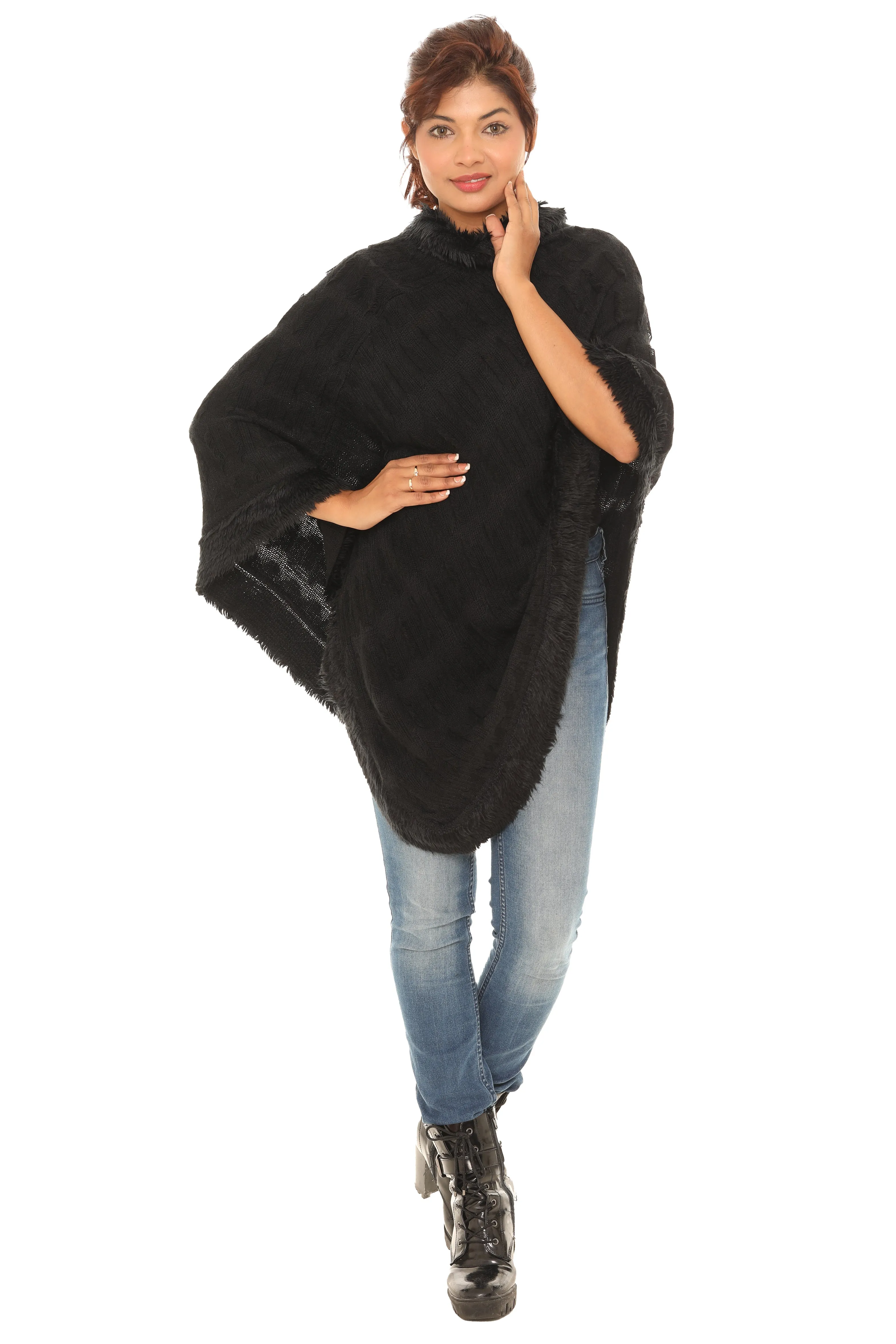 Zigzag Faux Fur-Trim Cowl Neck Poncho