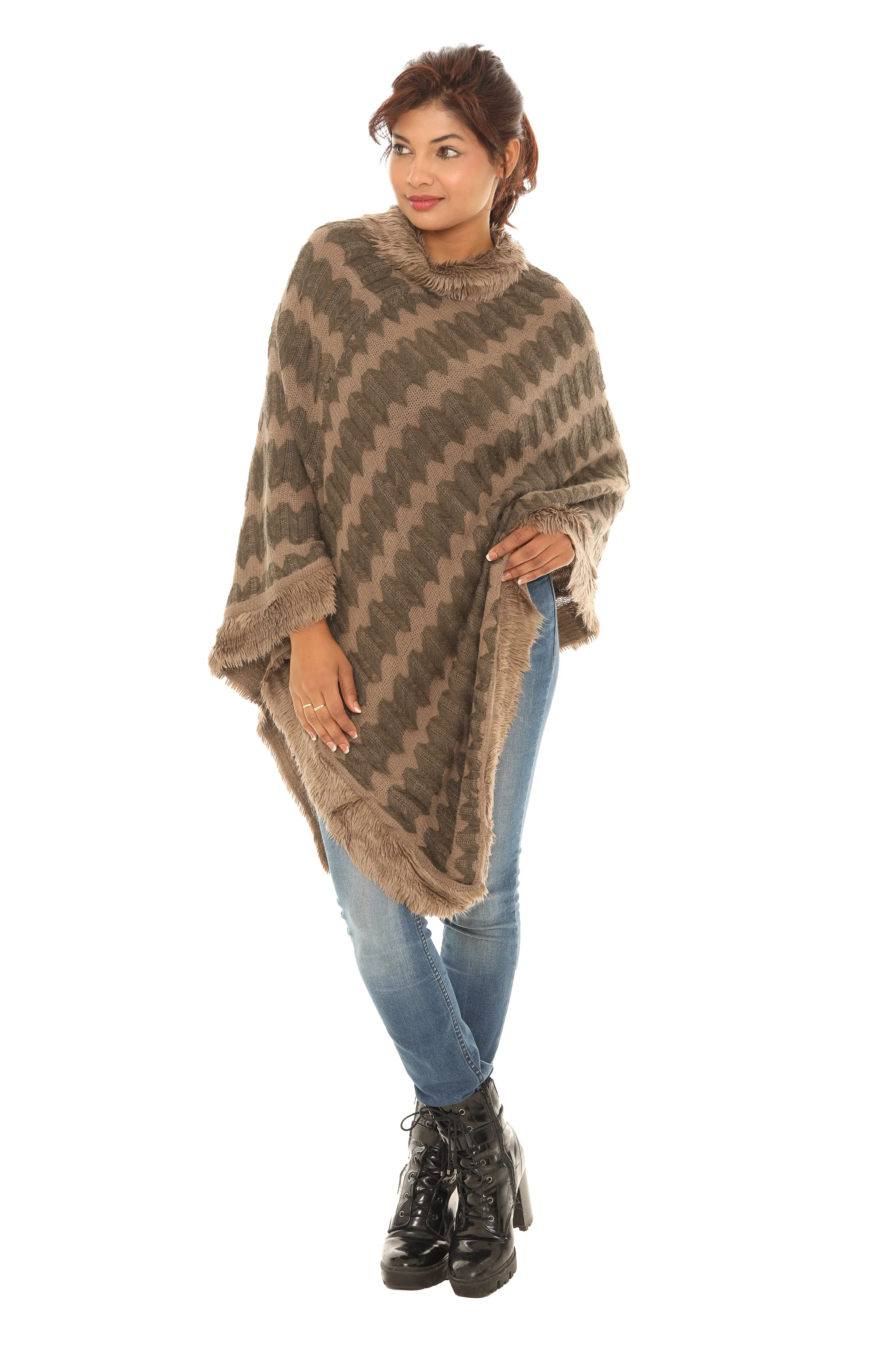 Zigzag Faux Fur-Trim Cowl Neck Poncho