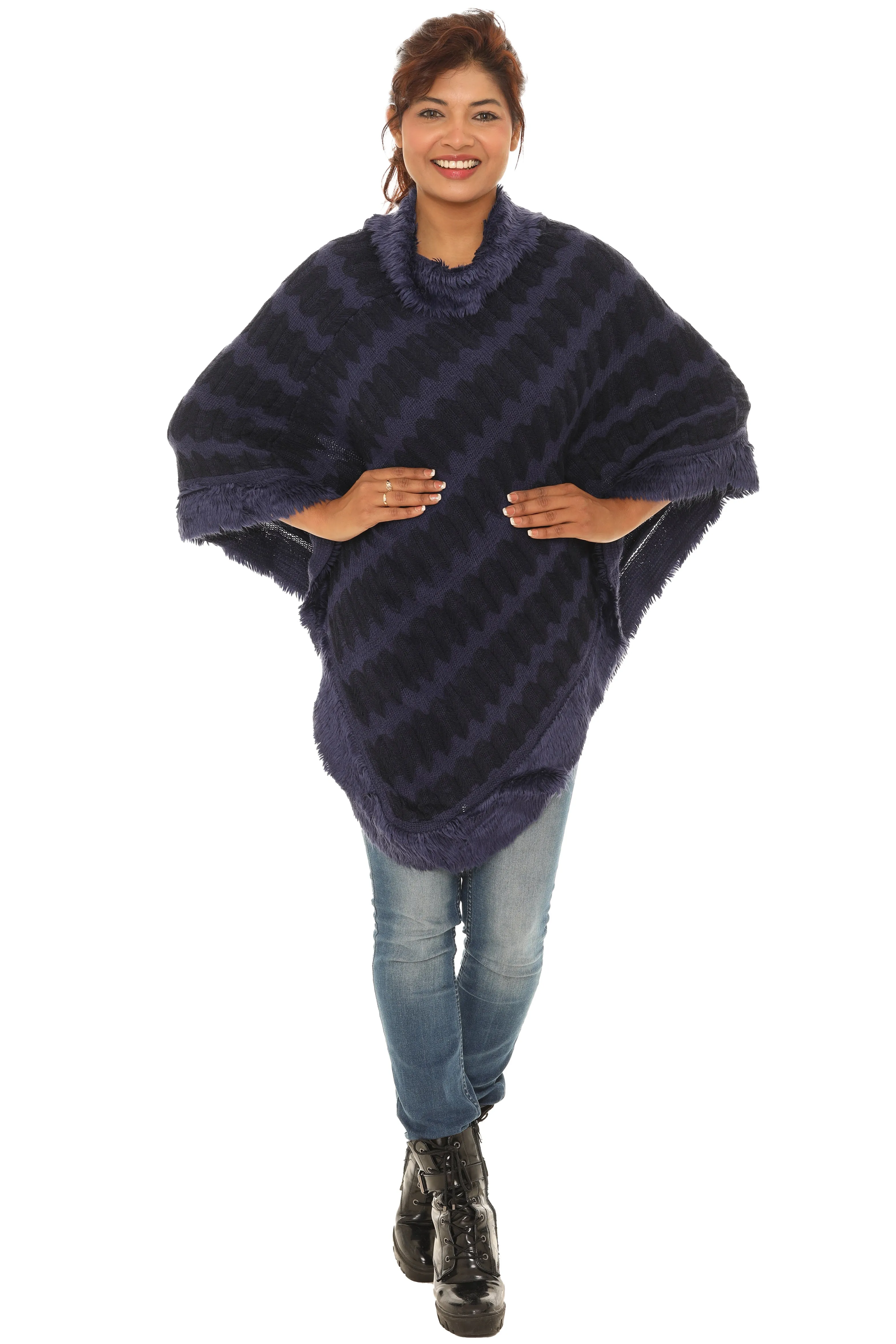 Zigzag Faux Fur-Trim Cowl Neck Poncho