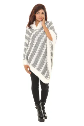 Zigzag Faux Fur-Trim Cowl Neck Poncho