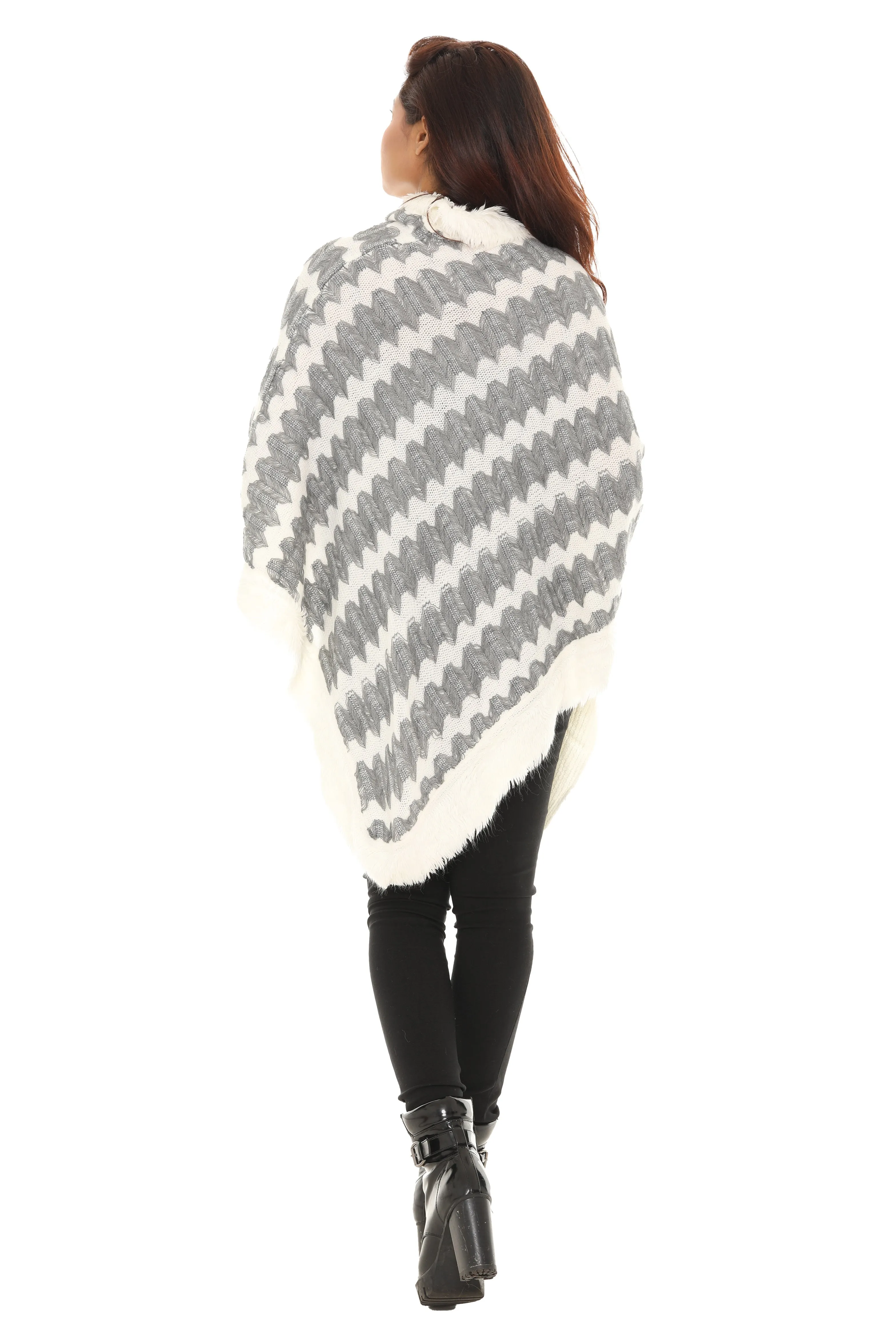 Zigzag Faux Fur-Trim Cowl Neck Poncho