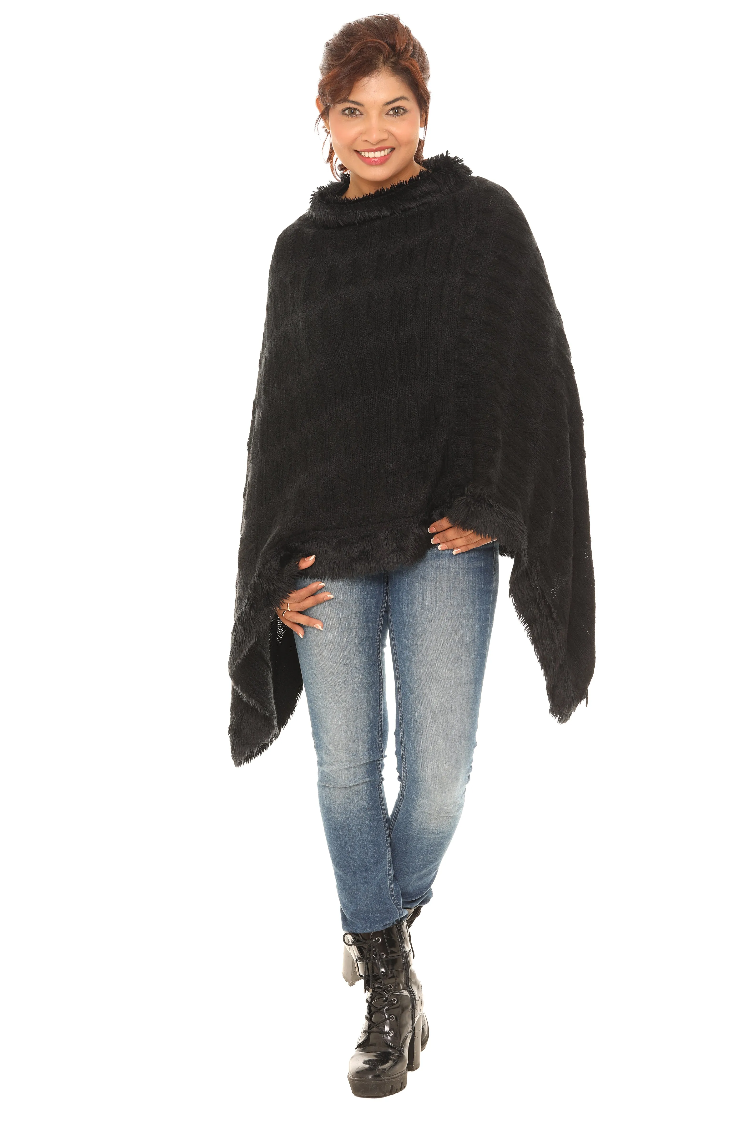 Zigzag Faux Fur-Trim Cowl Neck Poncho